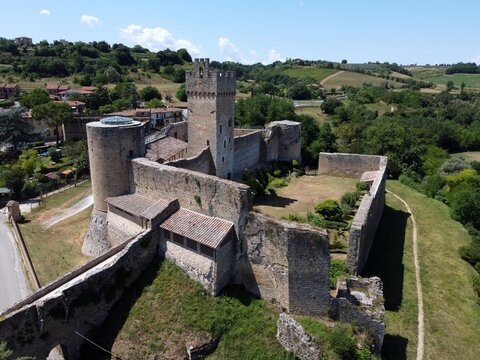 Aerial view of the castle of Staggia also called Rocca di Staggia. Staggia Senese, Siena, Tuscany, Italy