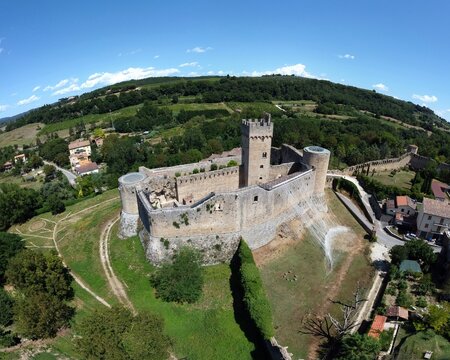 Aerial view of the castle of Staggia also called Rocca di Staggia. Staggia Senese, Siena, Tuscany, Italy