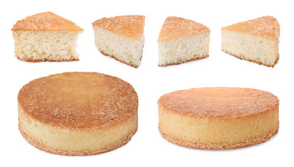 Tasty sponge cake isolated on white. Collage design - obrazy, fototapety, plakaty