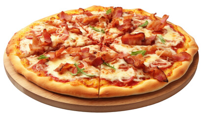 Pizza with bacon, ham, mozzarella and tomato sauce isolated.