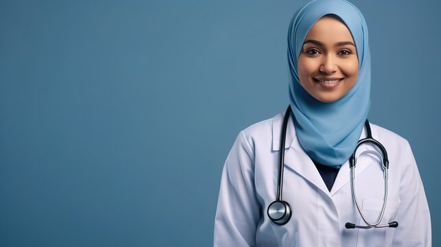 portrait of a female doctor with hijab on light blue background