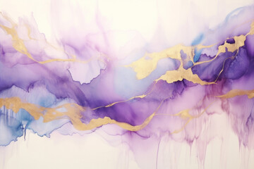 Liquid Golden Purple Texture. Flowing Splashes, Fluidity Design, Abstract Watercolor Patterns, Violet and Blue Colors, Waves, Painting Background. Generative AI.
