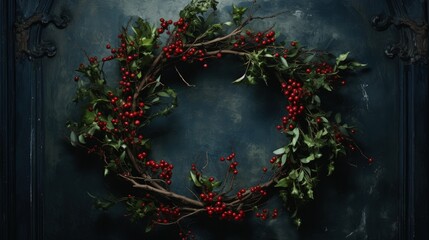 a holly wreath surrounded by leaves by a wooden door, in the style of dark emerald and red, holiday and christmas concept. Generative AI