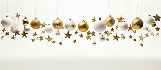 White background with golden stars and balls, holiday and christmas concept. Generative AI