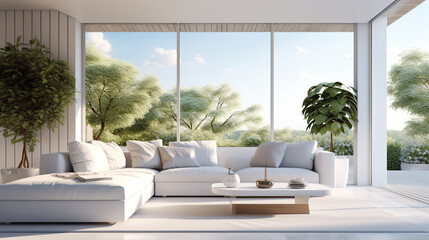 Modern white interior with beautiful backyard view. Home living room design. 3D Rendering, 3D