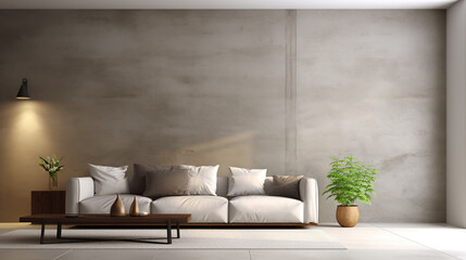 Modern interior design of living room with empty concrete wall background. 3D Rendering, 3D Illustration
