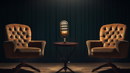 Backlground banner of modern podcast or radio studio with two chairs and microphones - obrazy, fototapety, plakaty