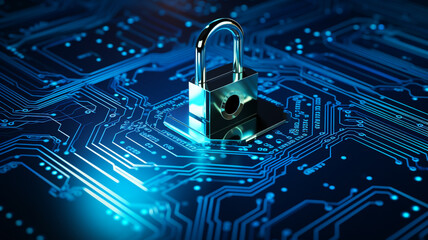 Online cyber and data protection concept, lock on motherboard or circuit board