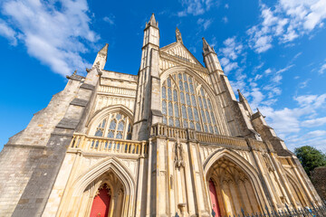 The medieval Cathedral Church of the Holy Trinity, Saint Peter, Saint Paul and Saint Swithun, commonly known as Winchester Cathedral, in the city of Winchester, England.