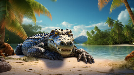 Cute crocodile alligator chilling on the beach in summer  - obrazy, fototapety, plakaty
