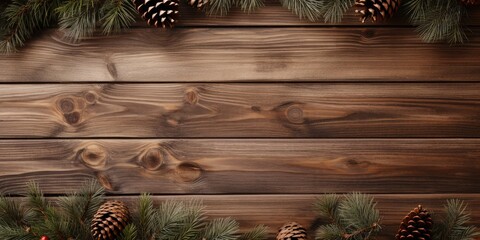 Wooden background with fir branches and pine cones, christmas holiday. Generative AI