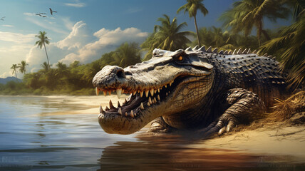 Fototapeta premium Cute crocodile alligator chilling on the beach in summer 