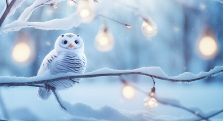 White owl on top of branches with lights and snow, christmas holiday. Generative AI