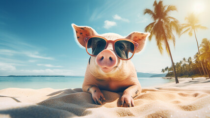 Funny cute pigs on tropical island, beach and ocean, concept of travel and tourism in summer