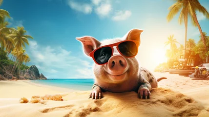 Foto op Plexiglas Funny cute pigs on tropical island, beach and ocean, concept of travel and tourism in summer © Artofinnovation