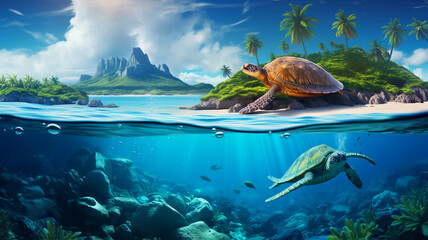 Turtle swimming in the ocean at tropical island  - obrazy, fototapety, plakaty