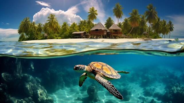 Turtle swimming in the ocean at tropical island 