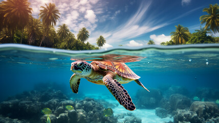 Turtle swimming in the ocean at tropical island  - obrazy, fototapety, plakaty