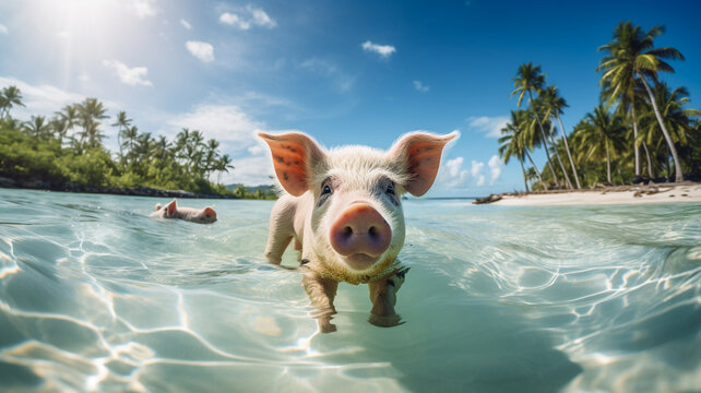 Pigs having fun swimming in ocean of tropic island beach in summer