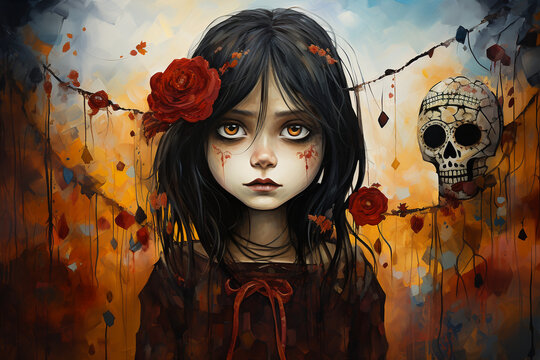The groomy girl and the skull in the red forest