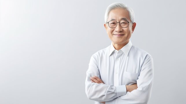 portrait of a mature asian businessman standing with his arms crossed on white studio background