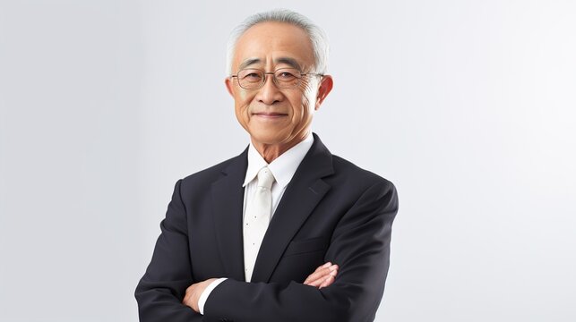 portrait of a mature asian businessman standing with his arms crossed on white studio background