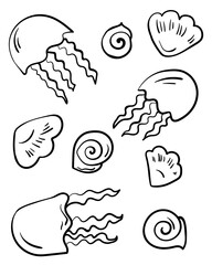 Sea shells and jellyfish outline in doodle style, set of ocean elements for creativity