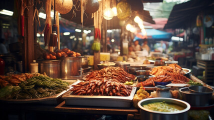 Outdoor asian food market, with meat, vegetables and fruit, generative ai - obrazy, fototapety, plakaty
