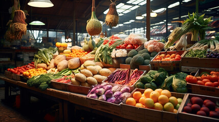Fototapeta na wymiar Delicious outdoor fresh fruit and vegetable food market, generative ai