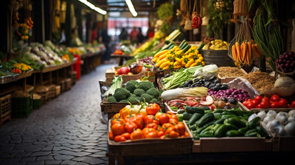 Obraz premium Delicious outdoor fresh fruit and vegetable food market, generative ai