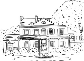 Line art cottage house. Wedding invitation decor.