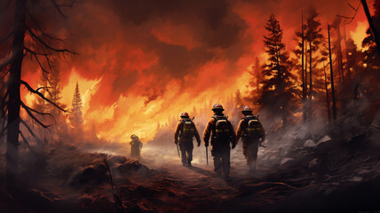 Fototapeta premium Forest wildfires, burning trees and smoke, firefighters coming to extinguish the fire.
