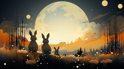 An autumn landscape with adorable bunnies under the moon, celebrating the mid autumn festival. Generative AI. 