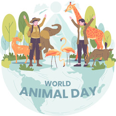 World Animal Day Illustration. Wildlife Sanctuary Workers Celebrating World Animal Day. Animals on The Planet, Wildlife Day with the Animals