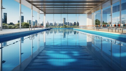 Close-up of the Olympic swimming pool with the cityscape outside the window. 