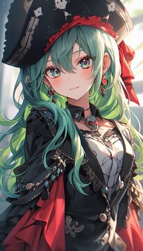 very cute anime pirate girl with green hairs, illustration, generative ai