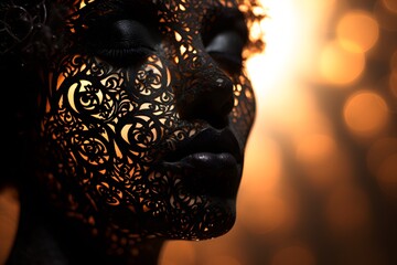 Close up of a woman face made of black lace, floral pattern,  silhouette figure, golden light background
