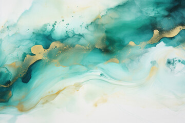 Fototapeta na wymiar Liquid ink Turquoise Texture. Vibrant Watercolor Design, Artistic Abstract Waves, Trendy Golden Green Stains, Flowing Splashes and Drips. Generative AI.