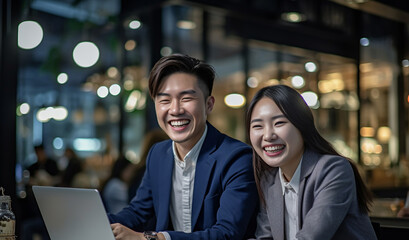 Asian couple working and researching online on laptop, Cheerful loving young couple using laptop analyzing work. Beautiful couple working on a tablet at office. Generative AI..