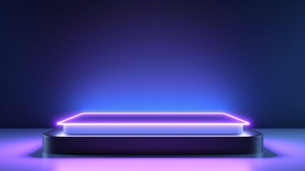 Holo LED Abstract Minimalistic Product Podium. The Scene for Product Presentation. 3D Room with Geometric Platform Stage Pedestal. Ai Generated Podium Mockup for a Product advertisement.