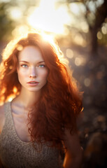 Portrait of a Beautiful Redhead Woman in backlit Sunlight
