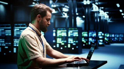 Developer running server rigs diagnostic tests and error checking utilities to identify and resolve software problems. Programmer closely monitoring critical systems, checking for any potential issues