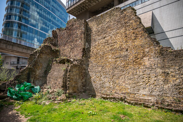 Old remants of the Roman wall around London, England.