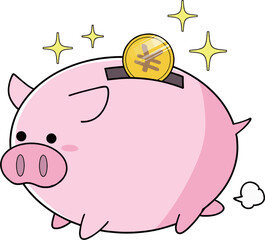 円コインが入るシンプルで可愛い、走ってる豚の貯金箱　イラスト　貯蓄　お小遣い