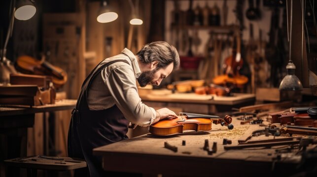 dedicated violin maker crafting a violin in a quiet workshop generative ai