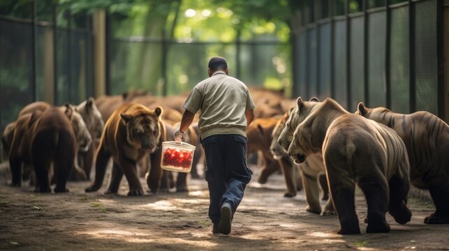 Dedicated Zookeeper Feeding Animals In A Zoo, Generative Ai