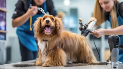professional dog groomer grooming a dog in a pet salon generative ai