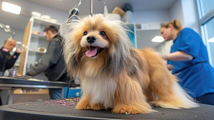 professional dog groomer grooming a dog in a pet salon generative ai