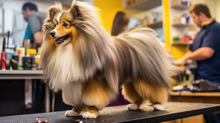 professional dog groomer grooming a dog in a pet salon generative ai