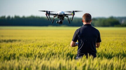 professional drone operator controlling a drone in a field, generative ai